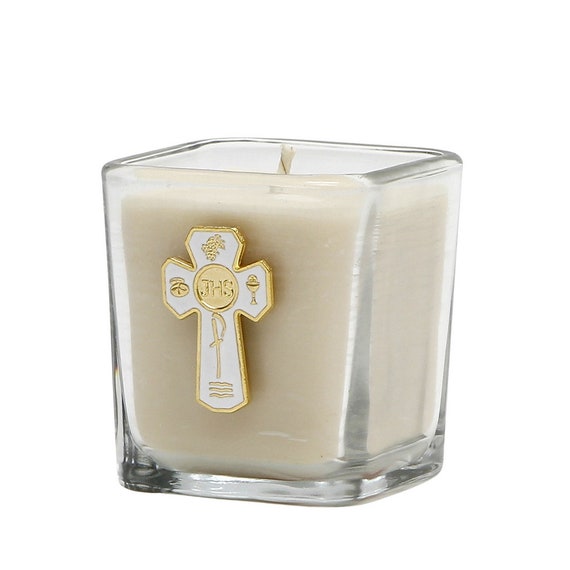 Small Square Glass Candle with 5 Way JHS Communion Crucifix with white enamel.  (7.5 Oz)