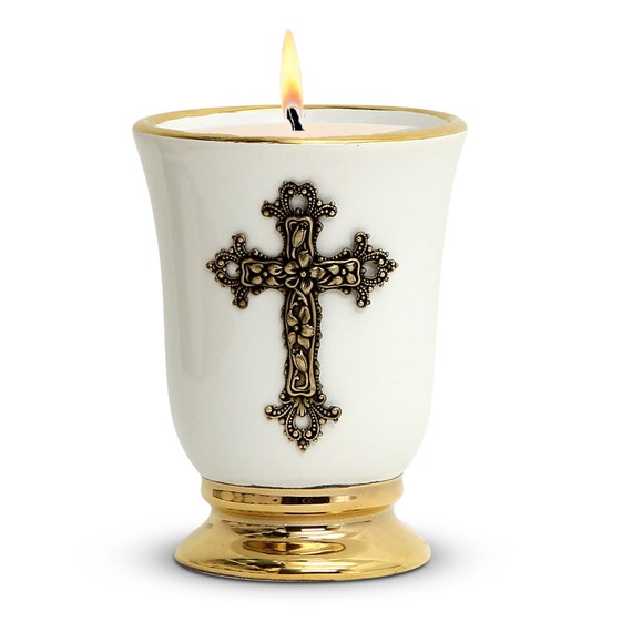 Deluxe Cup Ceramic Soy Wax Candle with pure gold hand painted rims and Brass Metal Cross ornament (12 Oz)