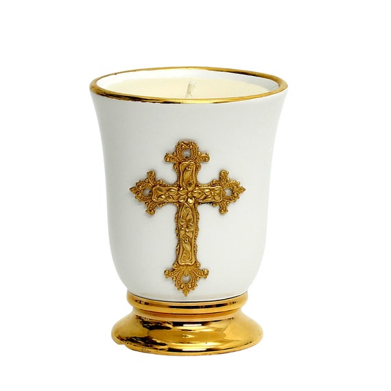 Deluxe Cup Ceramic Soy Wax Candle with pure gold hand painted rims and Polished Gold Brass Metal Cross ornament (12 Oz)