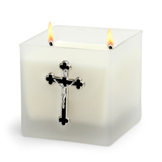 Square Frosted Glass Container Soy Wax Candle with Silver & Black Metal Crucifix (18 Oz)