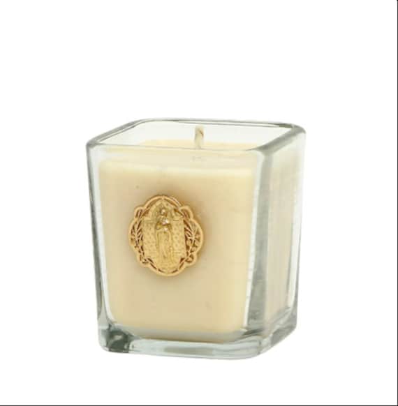 Small Square Glass Candle with Gold Virgin Mary Metal Medal Ornament (7.5 Oz) Perfect as First Communion or Confirmation favor.