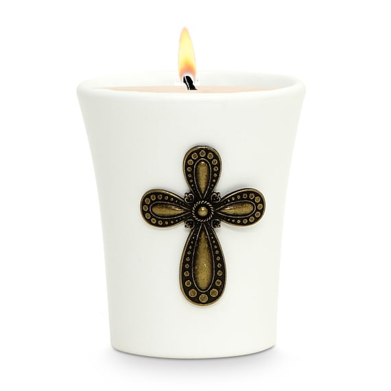 Ceramic Flared Candle - Soy Wax Candle with Brass Metal Cross ornament  (11 Oz)