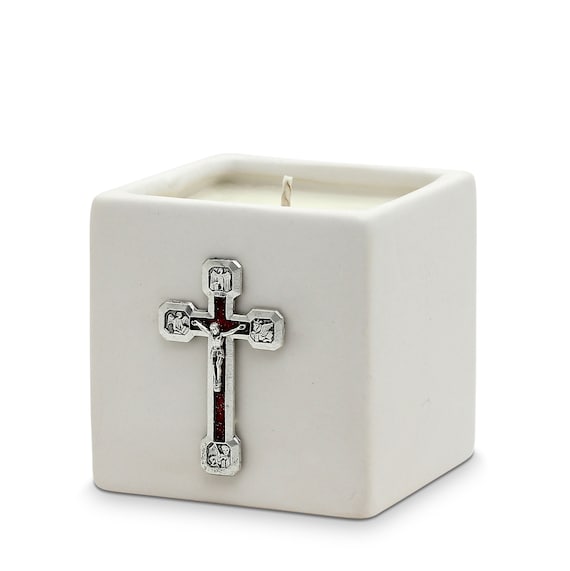 White Ceramic Small Candle with Silver Color Metal Crucifix & Red Enamel Ornament (14 Oz)