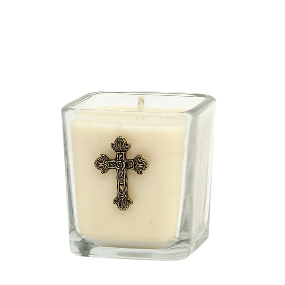 Small Square Glass Candle with Bronze Cross Ornament (7.5 Oz) Perfect as First Communion, Confirmation or Baptism favor.