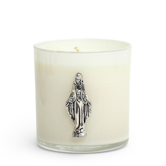 Round White Glass Soy Wax Candle with Virgin Mary ornament (10 Oz)