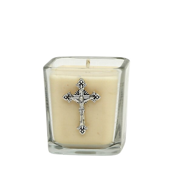 Small Square Glass Candle with Silver Metal Crucifix Ornament (7.5 Oz) Perfect as First Communion or Confirmation favor.