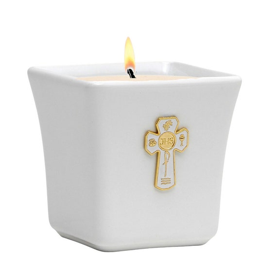 Square Ceramic Container Soy Wax Candle with  5 Way JHS Communion Crucifix with white enamel. (14 Oz)