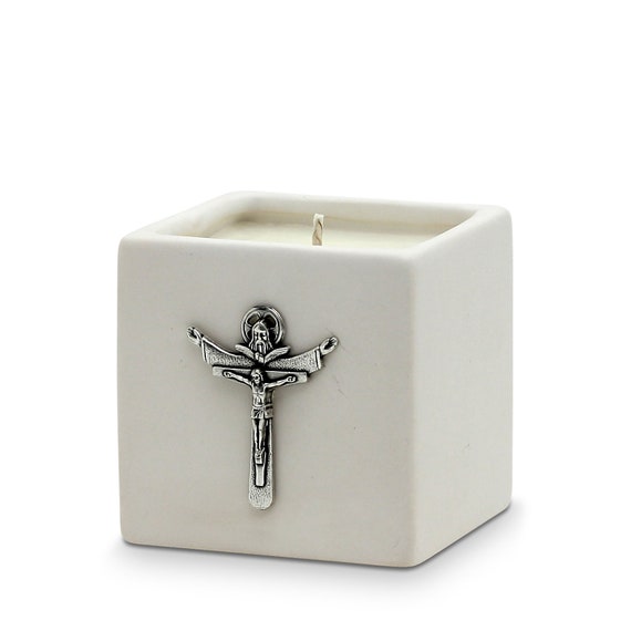 Ceramic Small Candle with Silver Color Metal Crucifix Ornament (14 Oz) Perfect as First Communion or Confirmation favor.