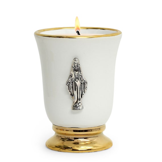 Deluxe Cup Ceramic Soy Wax Candle with pure gold hand painted rims and Virgin Mary ornament (12 Oz)
