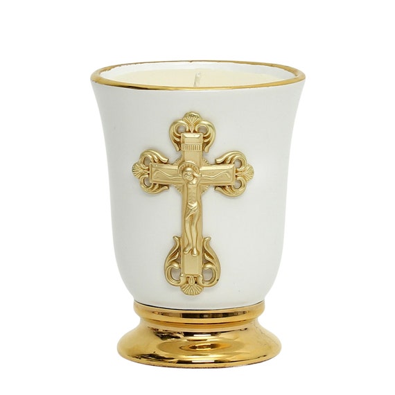 Deluxe Cup Ceramic Soy Wax Candle with pure gold hand painted rims and Premium Gold Plated Metal Cross ornament (12 Oz)