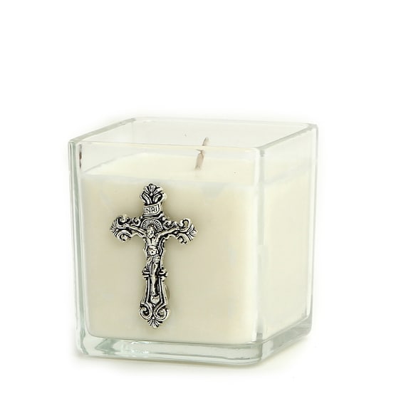 Glass Container Soy Wax Candle with Silver Metal Catholic Crucifix (7 Oz) [Unscented]