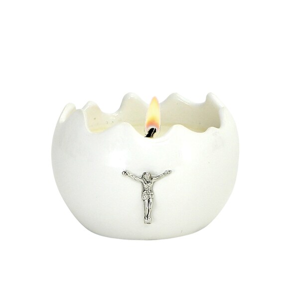 PURITY: Ceramic Fluted Rim SMALL - with Antique Silver Metal Cross (5 Oz) - Perfect as First Communion or Confirmation favor.