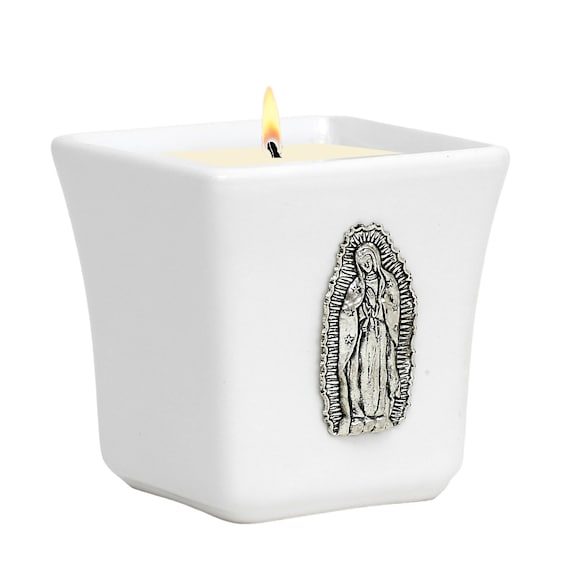 Square Ceramic Container Soy Wax Candle with Our Lady of Guadalupe (14 Oz)