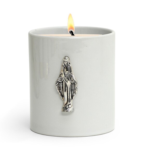 Porcelain Soy Wax Candle with Virgin Mary ornament  (11 Oz)