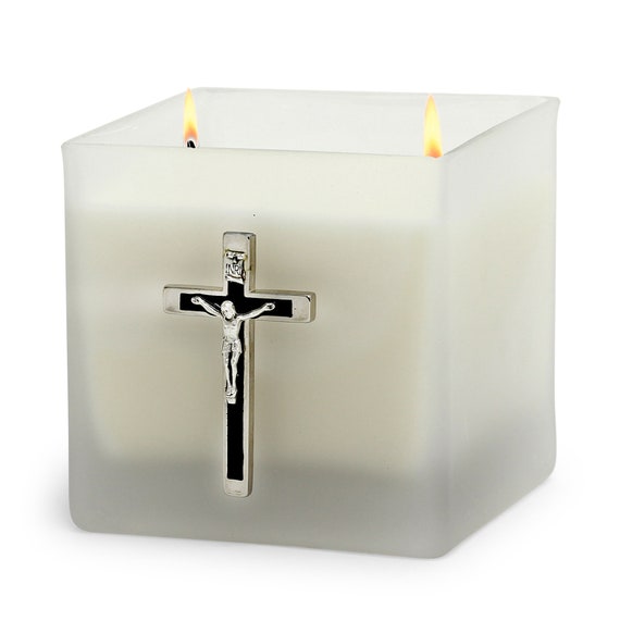 Square Frosted Glass Container Soy Wax Candle with Silver & Black Metal Crucifix (18 Oz)