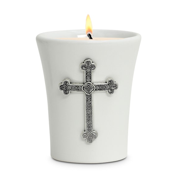Ceramic Flared Candle - Soy Wax Candle with Antique Silver Metal Cross ornament (14 Oz)
