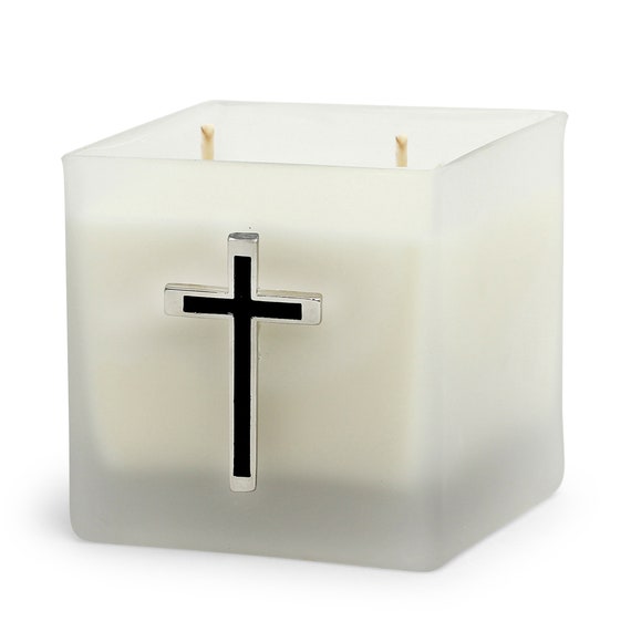 Square Frosted Glass Container Soy Wax Candle with Silver & Black Metal Cross (18 Oz)