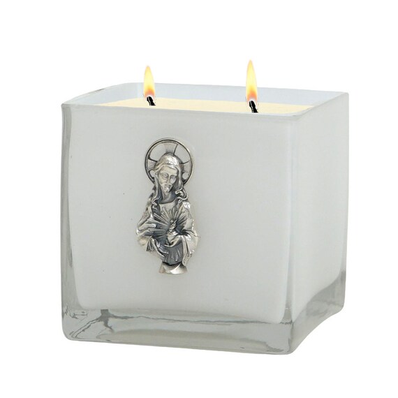 Luxury Large Glass Cube Soy Candle with White Interior and Silver Sacred Heart Ornament (36 Oz)