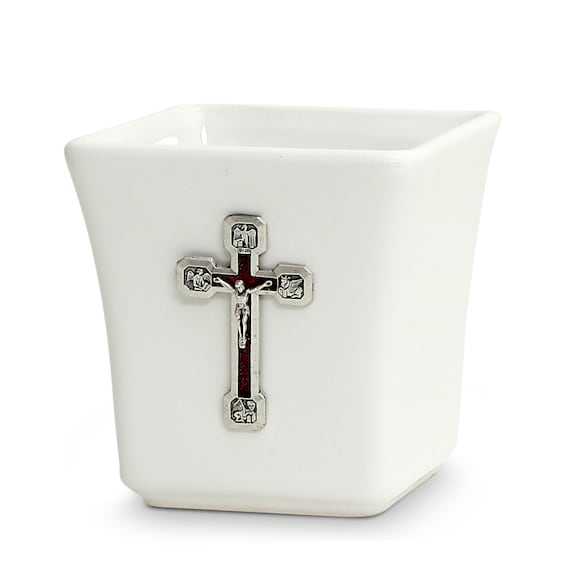 Square Ceramic Container Soy Wax Candle with Metal Crucifix Ornament (14 Oz)