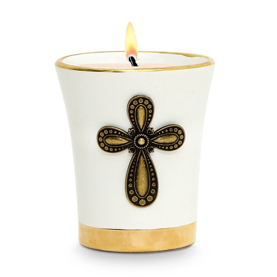 Deluxe Flared Ceramic Soy Wax Candle  with pure gold hand painted rims and Brass Metal Cross ornament (12 Oz)