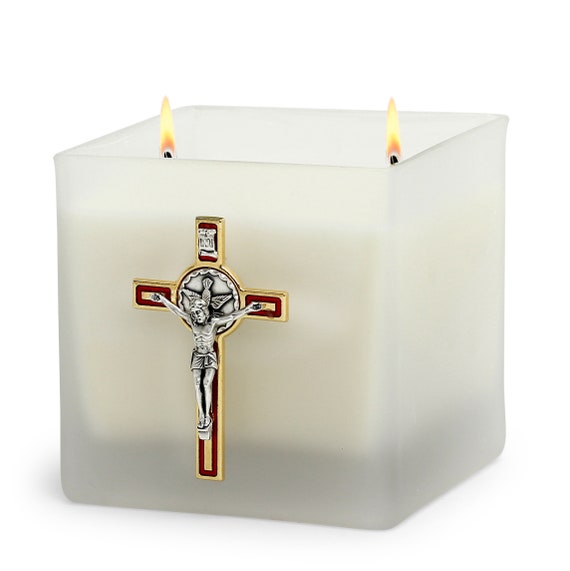 Square Frosted Glass Container Soy Wax Candle with St. Benedict Gold Deluxe Crucifix with Red Enamel (18 Oz)