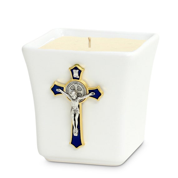 Square Ceramic Container Soy Wax Candle with Gold & Black Metal Cross Ornament (14 Oz)