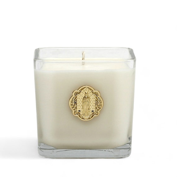 Medium Square Glass Candle with Gold Virgin Mary Metal Medal Ornament (14 Oz) Perfect as First Communion or Confirmation favor.