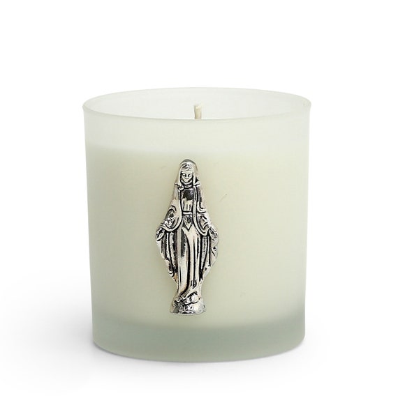 Round Frosted Glass Soy Wax Candle with Silver Virgin Mary (8 Oz)