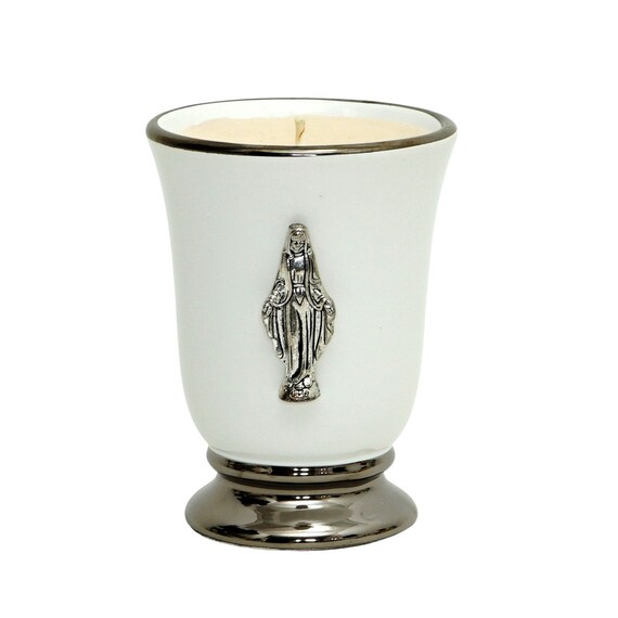 Deluxe Cup Ceramic Soy Wax Candle with pure Platinum hand painted rims and Virgin Mary Chrome Metal ornament (12 Oz)