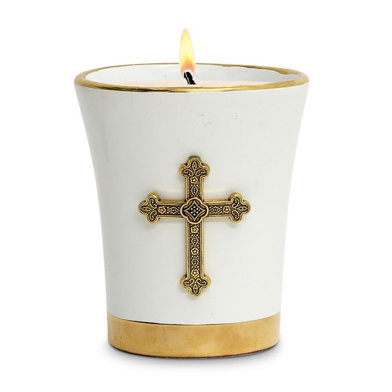 Deluxe Flared Ceramic Soy Wax Candle  with pure gold hand painted rims and Antique Gold Metal Cross ornament (12 Oz)