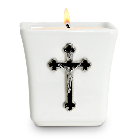 Square Ceramic Container Soy Wax Candle with Enameled Metal St. Benedict Crucifix Ornament (14 Oz)