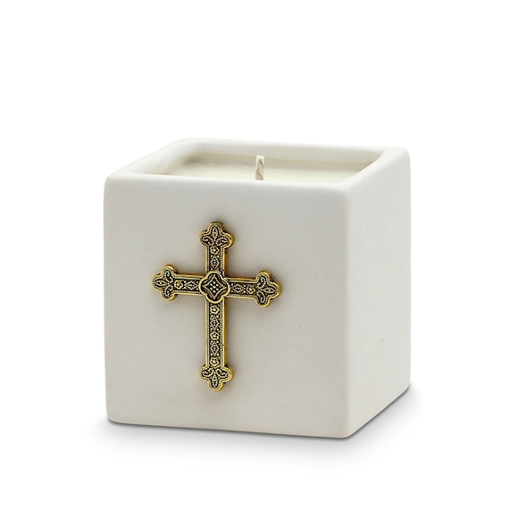 White Ceramic Small Candle with Antique Gold Metal Cross Ornament (14 Oz) Perfect as First Communion or Confirmation favor.