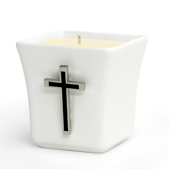 Square Ceramic Container Soy Wax Candle with Chrome & Black Cross Ornament (14 Oz)