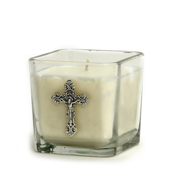 Square Glass Container Soy Wax Candle with Silver Metal Catholic Crucifix 3.5" (12 Oz) [Unscented]