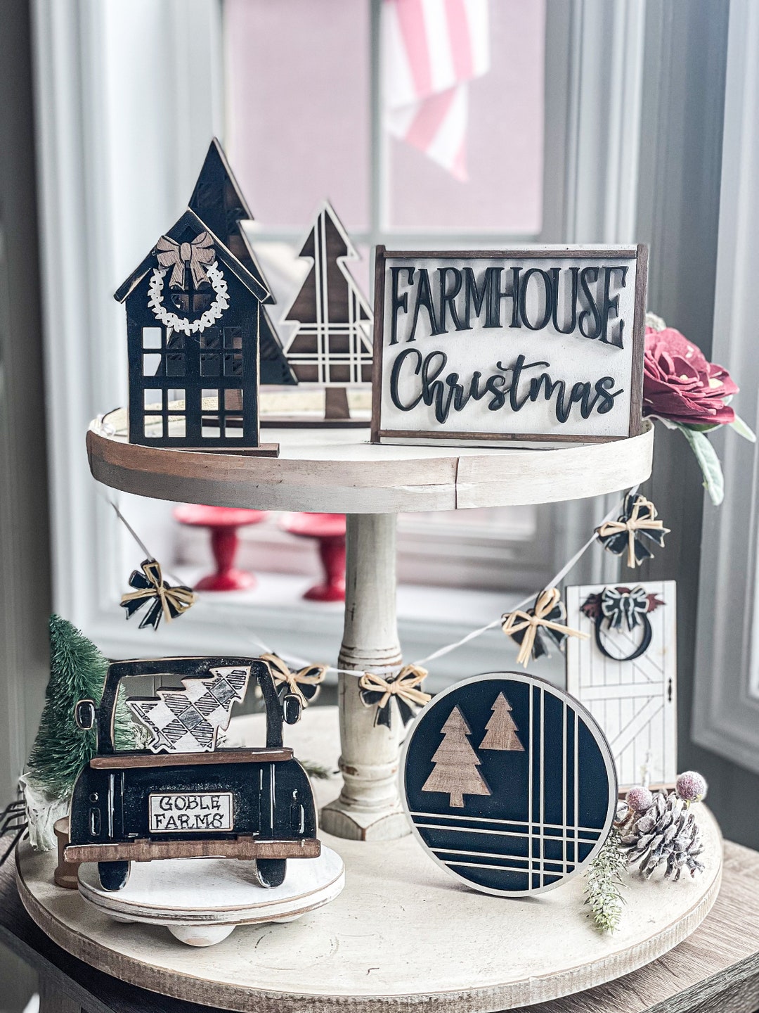 Farmhouse Christmas Tiered Tray Decor Set Set of 7 Christmas Tiered