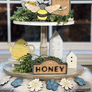 Tiered Tray Decor | Honeybee Tiered Tray | Bee Decor | Tiered Tray | Wood Signs | Home Decor | Spring Signs | Farmhouse Decor | Tiered Tray