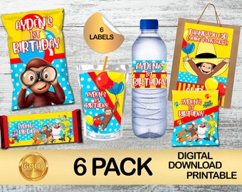 Labels for Curious George Party Pack - Chip Bag- Favor Bag- Juice- Water Bottle- Chocolate - Fruit snacks- DIGITAL DOWNLOAD - Curious George