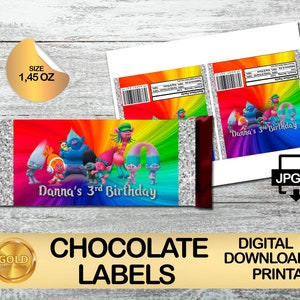 Étiquettes pour fête des trolls - étiquette de barre chocolatée - étiquette de chocolat de 1,45 oz - TÉLÉCHARGEMENT NUMÉRIQUE - imprimable - fournitures d'anniversaire