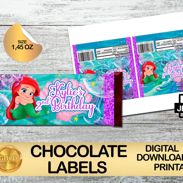 Labels For The Little Mermaid Party - Candy Bar Label - Chocolate Label - DIGITAL DOWNLOAD - Printable - Birthday Supplies, Hershey 1.45oz