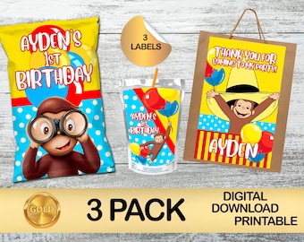 Labels for Curious George Party Pack - Chip Bag - Favor Bag - Juice - DIGITAL DOWNLOAD - Curious George Party Pack