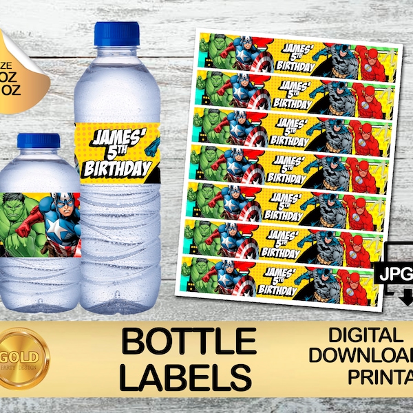 Labels For Superheros Party - Water Bottle Label - DIGITAL DOWNLOAD - Printable - Birthday Supplies - Drink Bottles