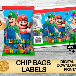 Label For Mario Bros Party Pack, etichetta sacchetto di chip, DOWNLOAD digitale, sacchetto di chip 1 oz