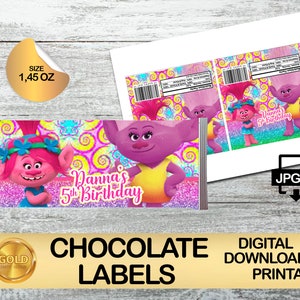 Troll Paper Labels Labels for Trolls Birthday Party Pack - Candy Bar Wrapper - Chocolate ...