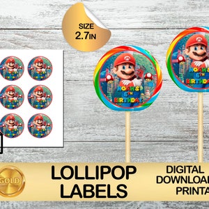 Etikett für Mario Bros Party - Lollipop Etikett - DIGITALER DOWNLOAD - Mario Bros Printable -Geburtstagszubehör - Etikett für Lollipop 2,7in