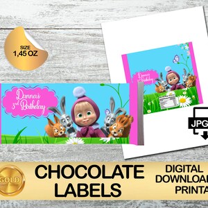 Pacchetto festa di compleanno di Masha e Orso - DOWNLOAD DIGITALE - Involucro di caramelle - Etichetta di cioccolato 1.45oz/1.55oz - Forniture stampabili
