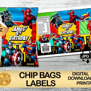 Etichetta per supereroi Party Pack - Etichetta borsa chip - DOWNLOAD DIGITALE - Borsa chip 1 oz