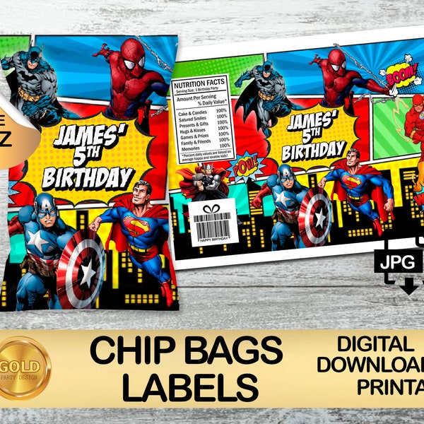 Label For Superheros Party Pack - Chip Bag label - DIGITAL DOWNLOAD - Chip bag 1oz