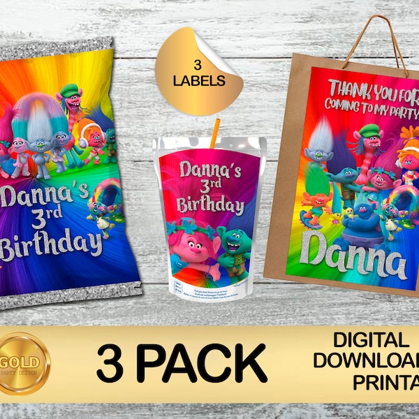 Labels for Trolls Party Pack - Chip Bag - Favor Bag - Juice - DIGITAL DOWNLOAD