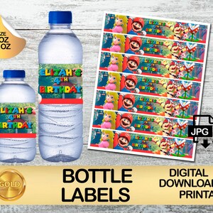 Etiketten für Mario Bros Party - Wasserflaschen Etikett - DIGITALER DOWNLOAD - Printable - Geburtstagszubehör - Trinkflaschen