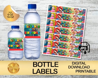 Etiketten voor Mario Bros Party - Waterfleslabel - DIGITALE DOWNLOAD - Afdrukbaar - Verjaardagsbenodigdheden - Drinkflessen